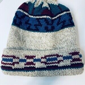 Vintage Ragg Knits‎ Beanie Hat with prints, Size OS Gray Blue
